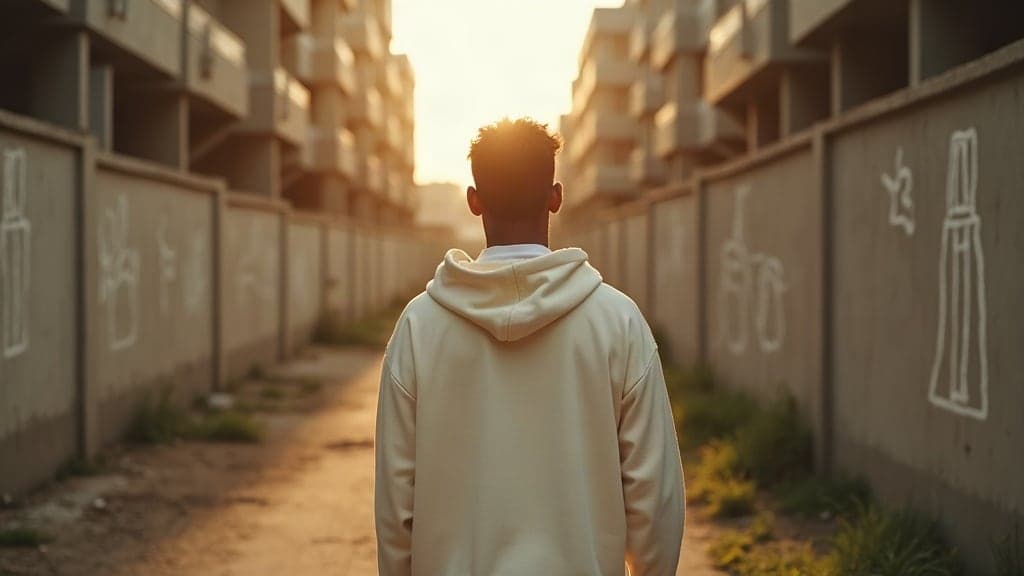 Someone wearing an oversized 22 Yards hoodie in a Gurugram lane at golden hour